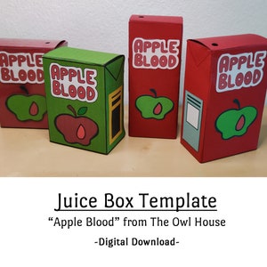 May include: Four printable juice box templates featuring a red background, green apple, and the text "APPLE BLOOD" in white letters. The templates are for a craft project inspired by the Disney show "The Owl House".