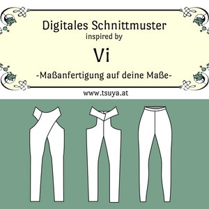 Könnte beinhalten: Digitales Schnittmuster für Hosen, inspiriert von Vi. Das Schnittmuster beinhaltet drei verschiedene Hosenmodelle, alle in Weiß. Der Text "Digitales Schnittmuster inspired by Vi - Maßanfertigung auf deine Maße - www.tsuya.at" ist oben im Bild dargestellt.