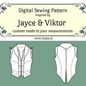 Puede incluir: Un patrón de costura digital para un chaleco, inspirado en Jayce & Viktor. El patrón está hecho a medida según tus medidas. La imagen muestra una vista frontal y posterior del chaleco.