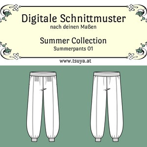 May include: Digital pattern for summer pants, Summer Collection, Summepants 01. The image shows a line drawing of two pairs of white, loose-fitting pants with elastic waistbands and gathered ankles, set against a green background.