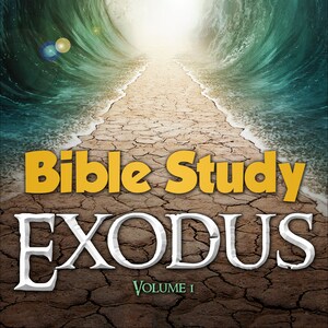 May include: A Bible study guide cover with the title "Bible Study EXODUS VOLUME I" in white and yellow text. The background image is a split image of two large waves with a path of dry land in the middle.