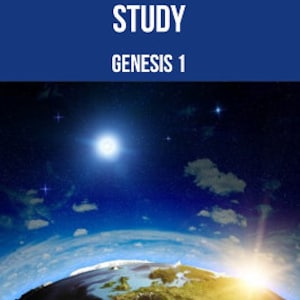 May include: A blue background with white text that reads "FAMILY BIBLE STUDY GENESIS 1". The image shows a blue sky with stars and a bright sun, and a view of the Earth from space.