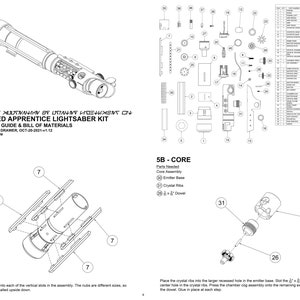 May include: A black and white diagram showing the assembly instructions for a lightsaber kit. The diagram shows the parts needed for the grip and core of the lightsaber. The text on the diagram reads "Deceived Apprentice Lightsaber Kit Assembly Guide & Bill of Materials".