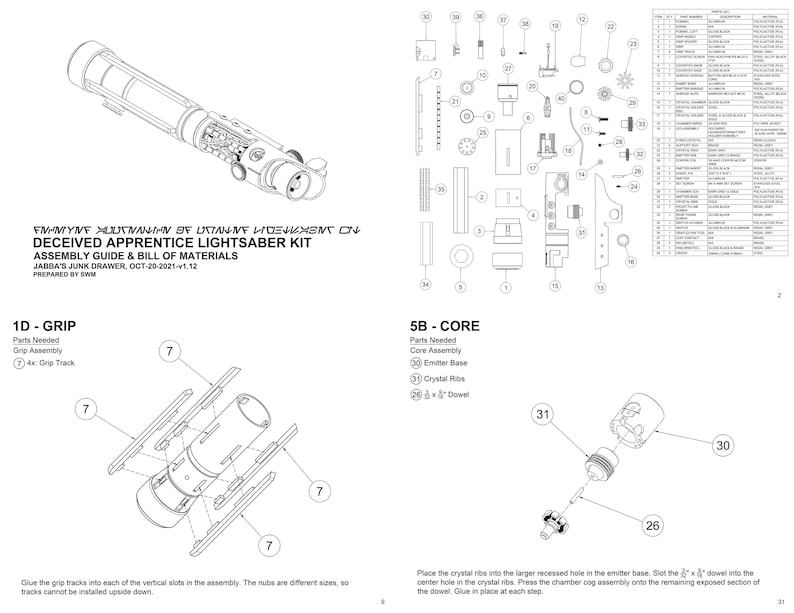 May include: A black and white diagram showing the assembly instructions for a lightsaber kit. The diagram shows the parts needed for the grip and core of the lightsaber. The text on the diagram reads "Deceived Apprentice Lightsaber Kit Assembly Guide & Bill of Materials".