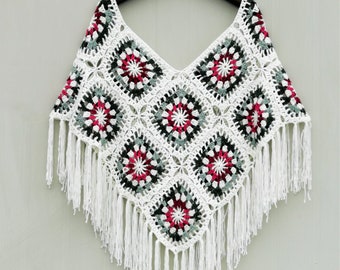Granny Square Crochet Poncho Flower Shawl Wrap Women Boho Clothing