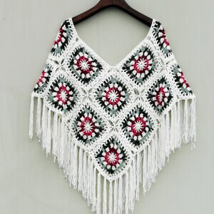 Granny Square Crochet Poncho Flower Shawl Wrap Women Boho Clothing