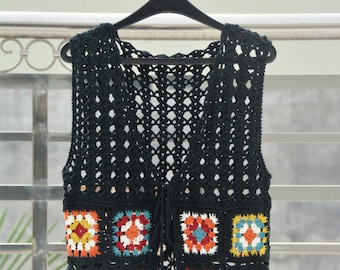 Granny Square Crochet Sweater Vest Black Sleeveless Tie Front Cardigan Women Boho Clothing