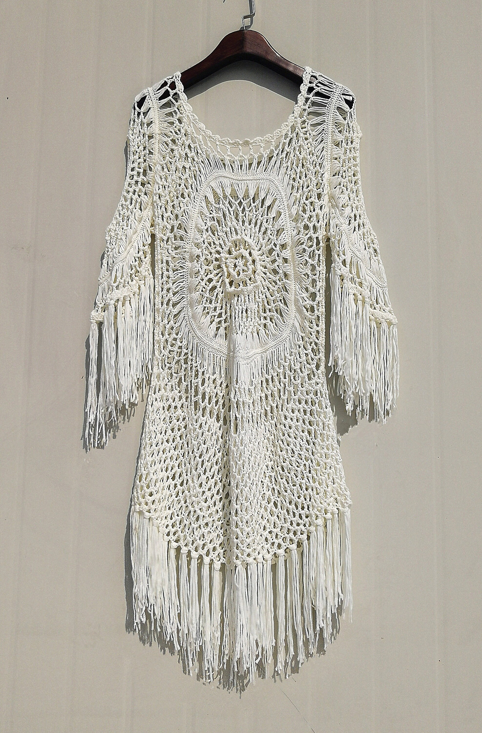 Boho Fringe Crochet Dress With Sleeves Tunic Hippie Festival Top Beach