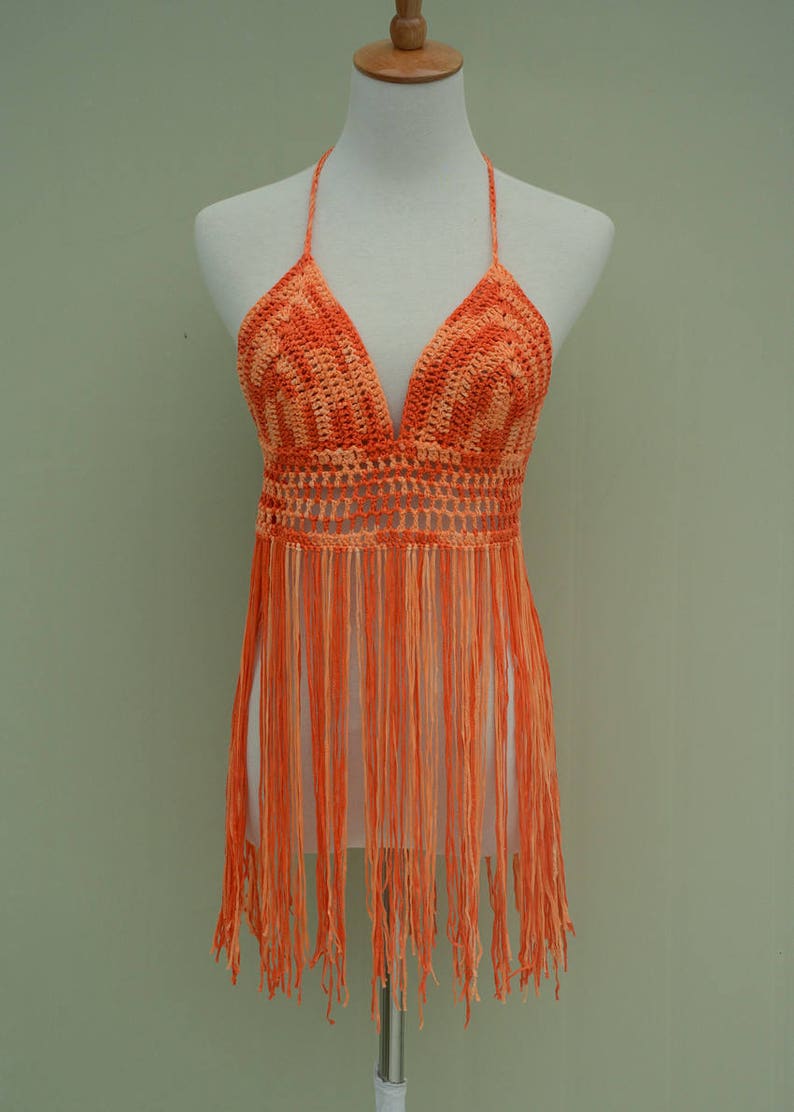 Long Fringe Crochet Bikini Halter Crop Top Tie Dye Etsy