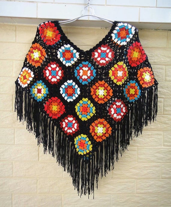 Square Crochet Poncho Shawl Wrap Boho Clothing Etsy