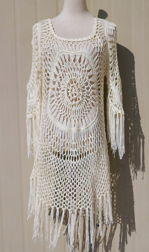 Boho Fringe Crochet Dress With Sleeves Tunic Hippie Festival Etsy