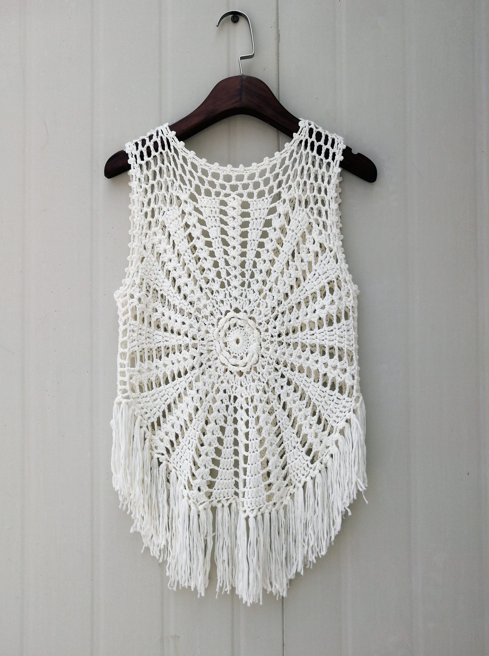 Hippie Fringed Crochet Vest Boho Tie Front Sleeveless Cardigan Etsy