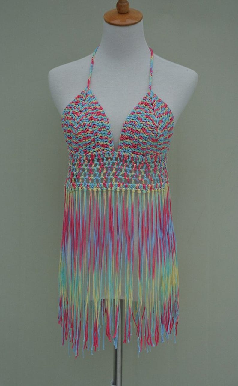 Long Fringe Crochet Bikini Halter Crop Top Tie Dye Etsy