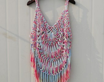 Hippie Festival Fringe Crochet Vest Dress Beach Bikini Cover Up Women Boho Clothing Rainbow Top