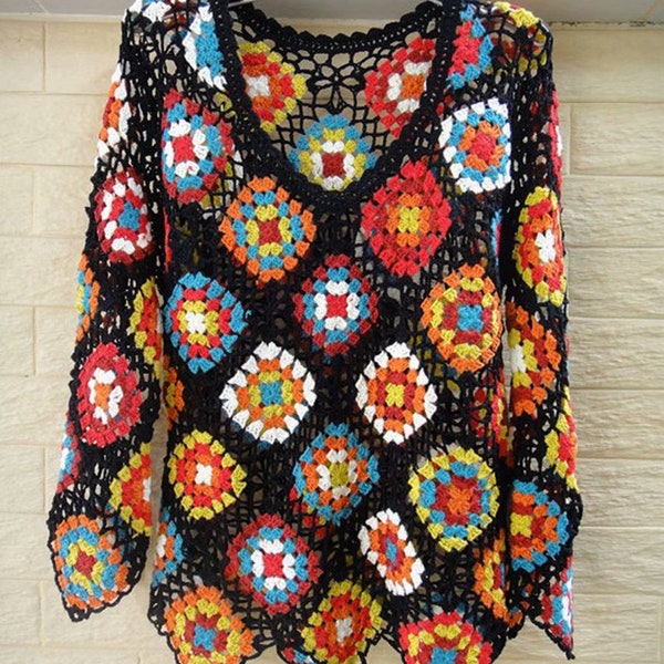 Grand-mère Carré Crochet Pull Blouse Tops Manches Longues Femmes Boho Vêtements