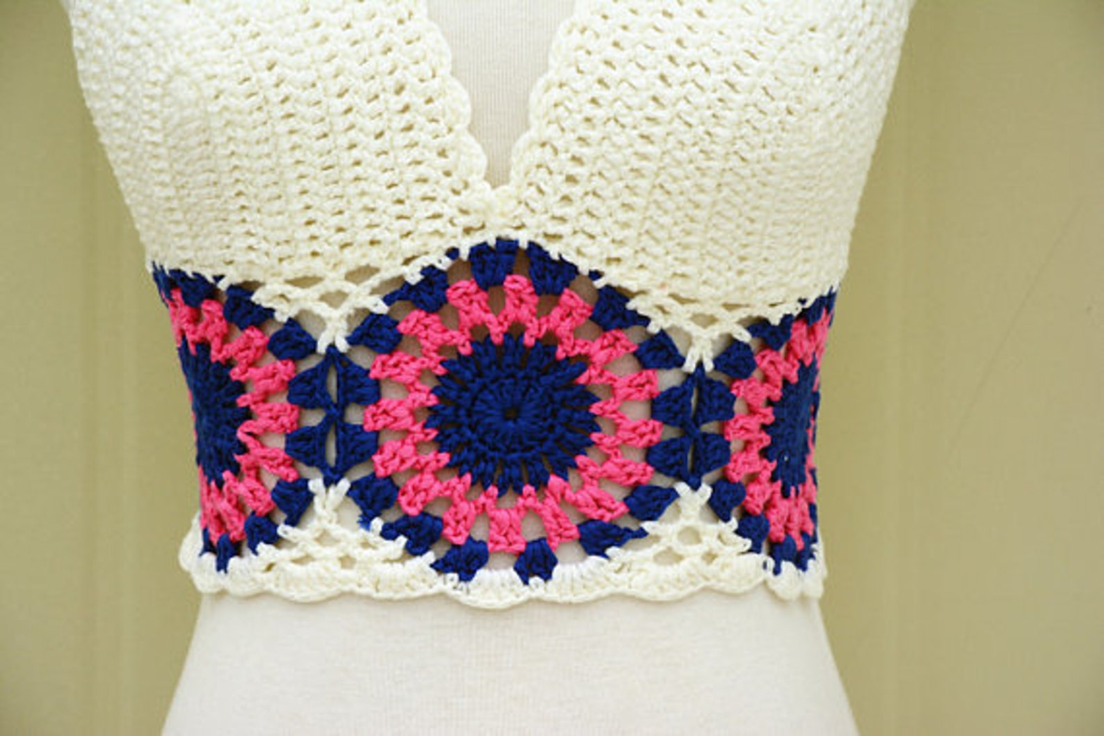 White Crochet Halter Bikini Flower Crop Top Granny Square | Etsy