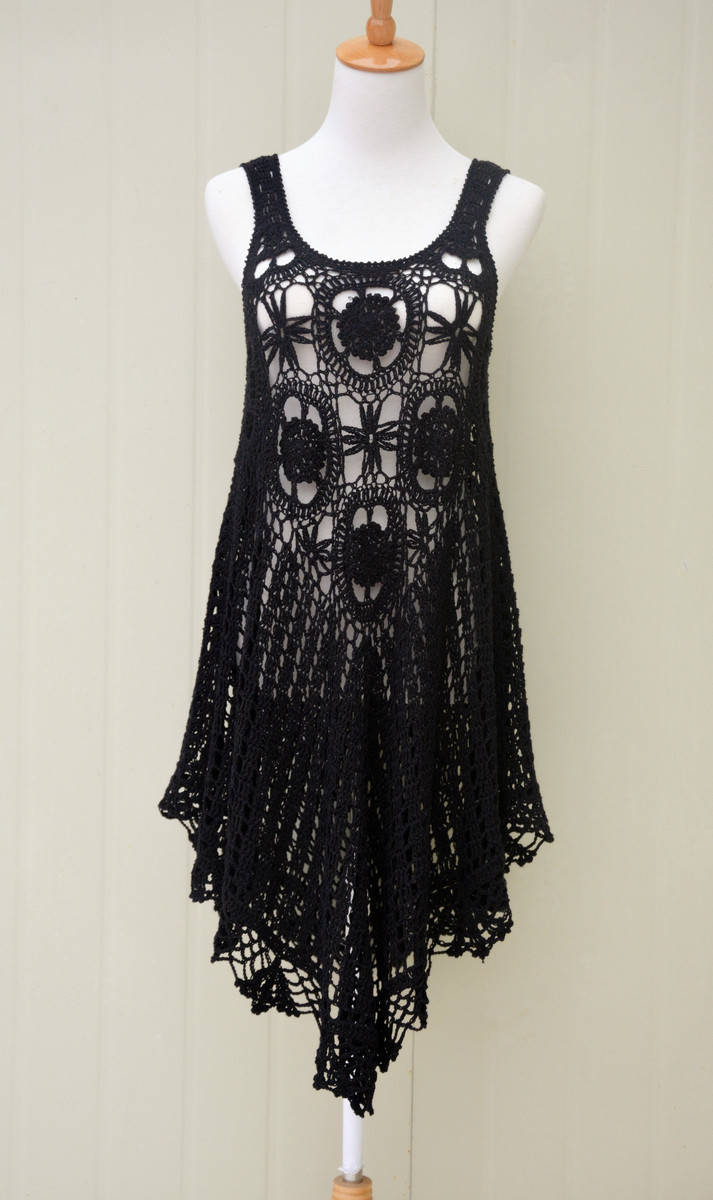 Handmade Black Crochet Tunic Swing Dress Women Boho Hippie | Etsy