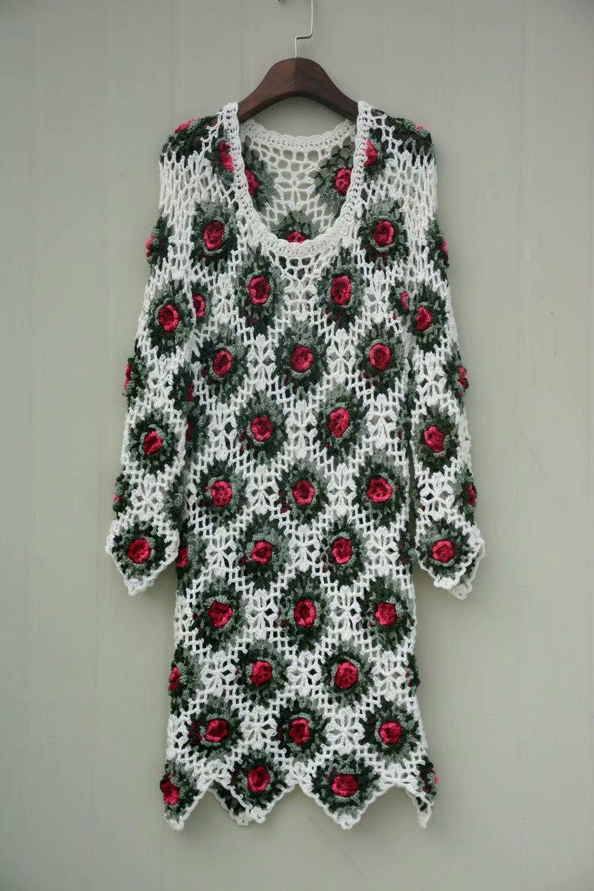 Crochet Flower Dress Long Sleeve Boho Women Tunic Sweater Etsy