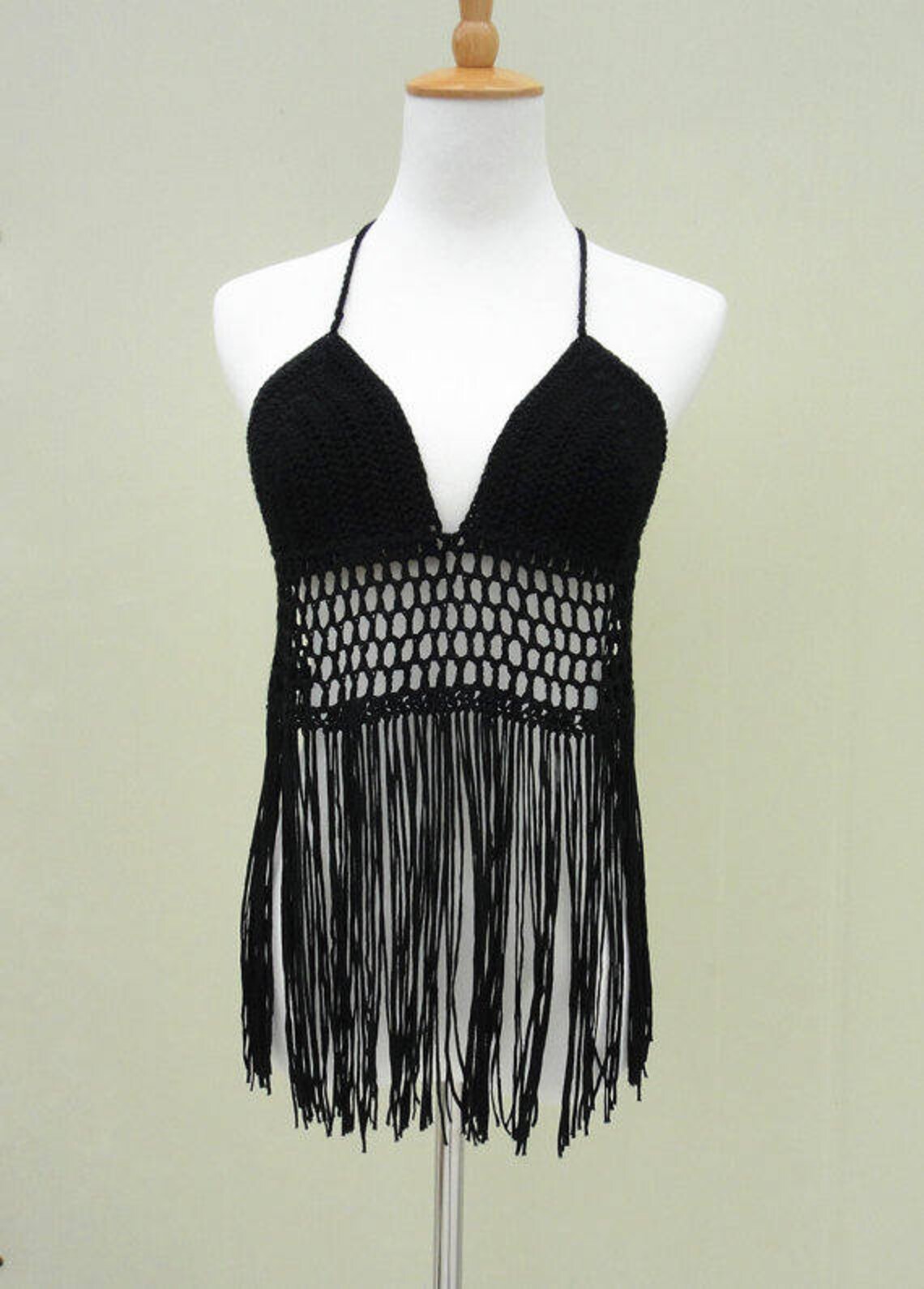 Black Long Fringe Crochet Halter Bikini Crop Top Etsy