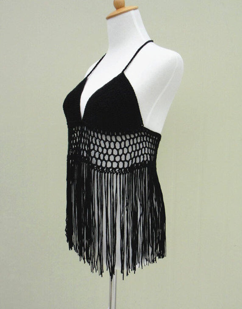 Black Long Fringe Crochet Halter Bikini Crop Top Etsy