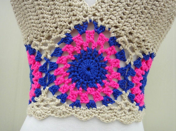 White Crochet Halter Bikini Flower Crop Top Granny Square - Etsy