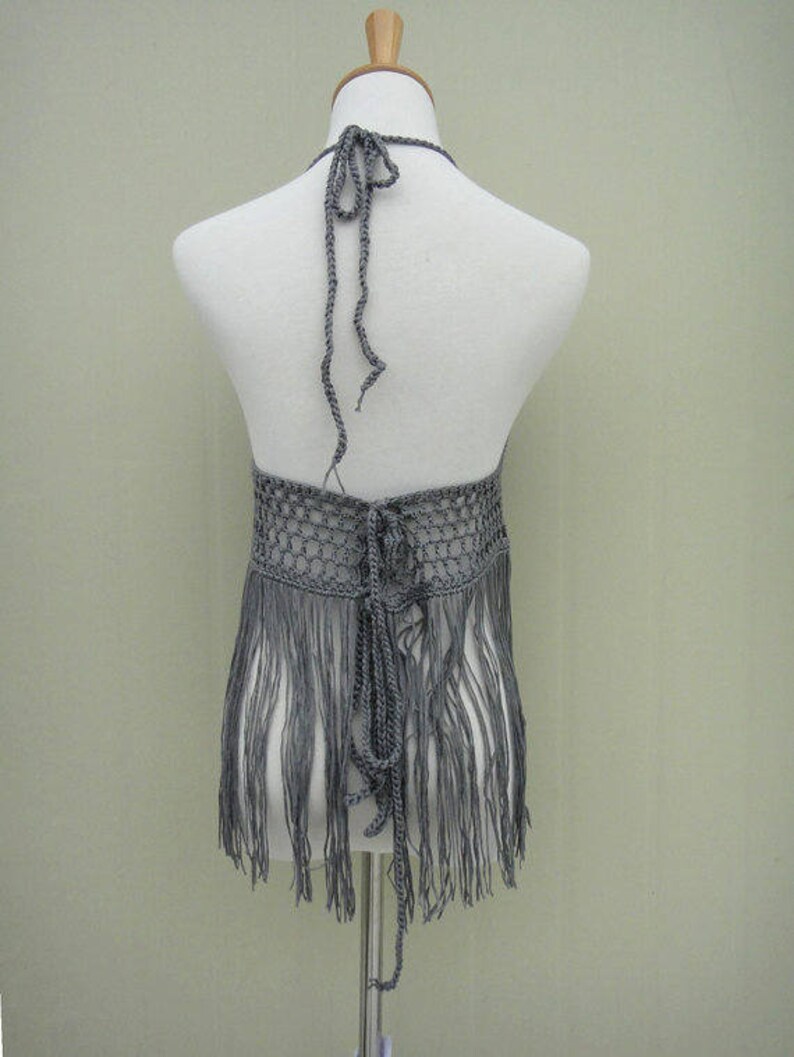 Black Long Fringe Crochet Halter Bikini Crop Top Etsy