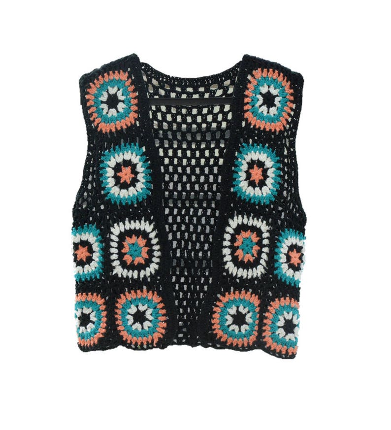 Granny Square Crochet Cropped Sweater Vest Black Sleeveless Cardigan ...