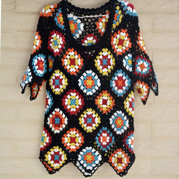 Nonna Square Short Sleeve Crochet Top Donne Boho Abbigliamento