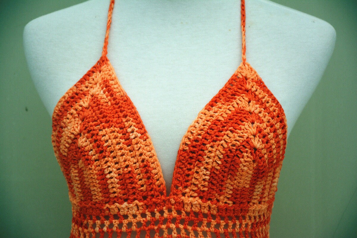 Long Fringe Crochet Bikini Halter Crop Top Tie Dye Etsy