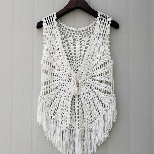 Hippie Fringed Crochet Vest Boho Tie Front Sleeveless Cardigan Bohemian Women Clothing