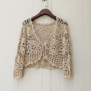 Crochet Bolero Long Sleeve Boho Crop Top Tie Front Cardigan Bohemian Women Clothing