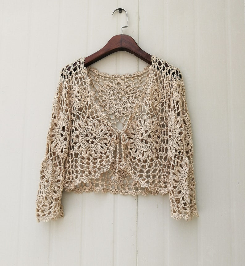 Crochet Bolero Long Sleeve Boho Crop Top Tie Front Cardigan Etsy