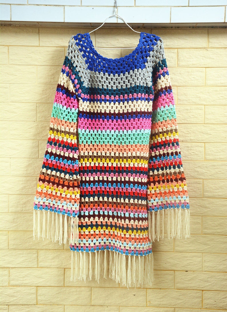Granny Square Crochet Dress With Fringe Striped Sweater Women Boho