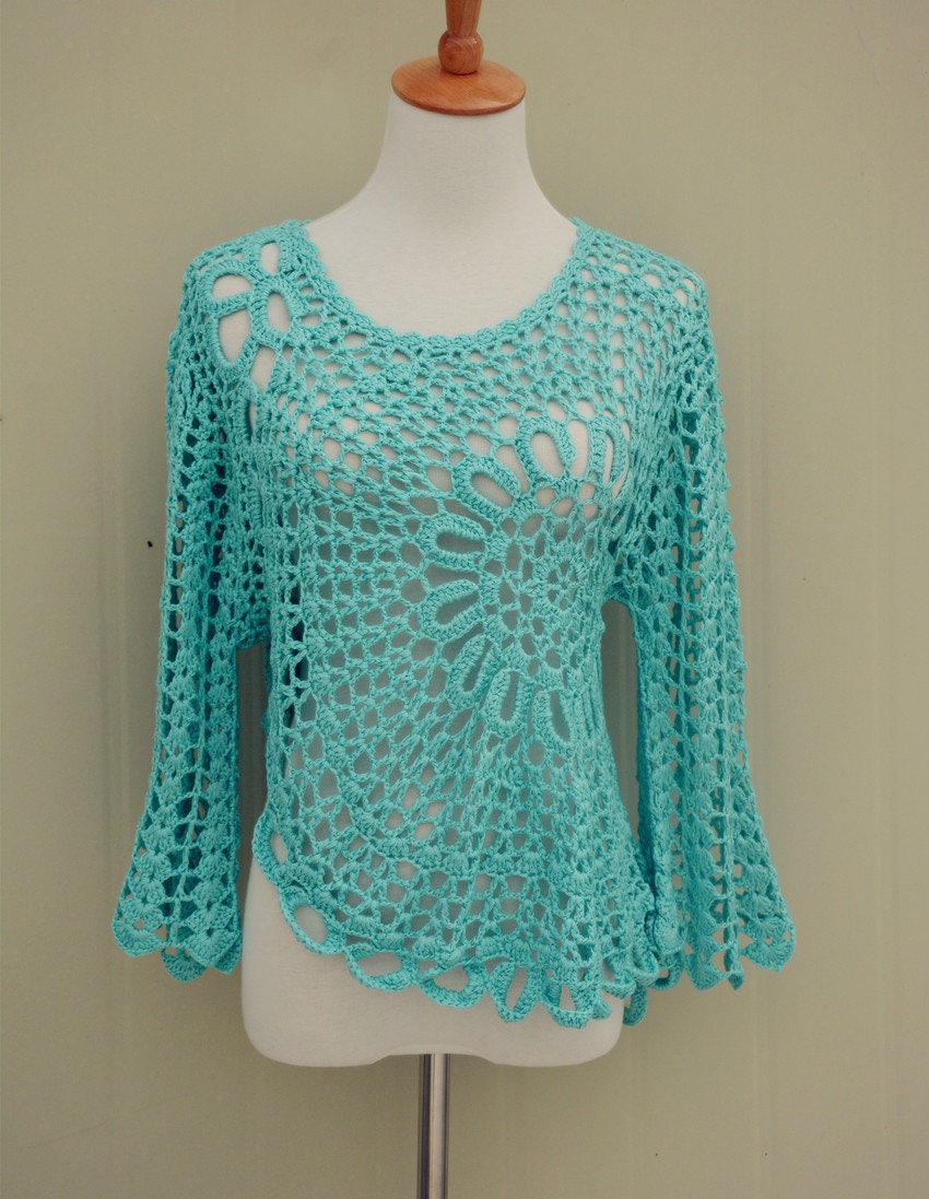 Mandala Crochet Blouse Women Hi Low Tops With Ruffle Sleeves - Etsy