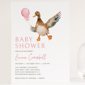 Duck Baby Shower Invitation Girl, Template Invite, Female Mallard Duck, Digital Download Template