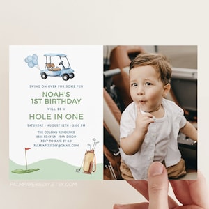 Hole in One Invitation Boy, 1st Birthday Invite with Photo, Golf theme, Digital Download, Editable Template, Picture, Templett H1