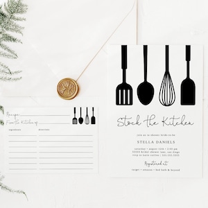 Kitchen Bridal Shower Invitation, Stock the Kitchen Invite, Instant Download Template, Digital File, Editable Templett, Recipe Card