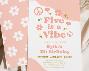 5th birthday Invitation for girl, Hippie theme, Instant Download, Five is a Vibe, 60s 70s Groovy Invites, Editable template, Templett