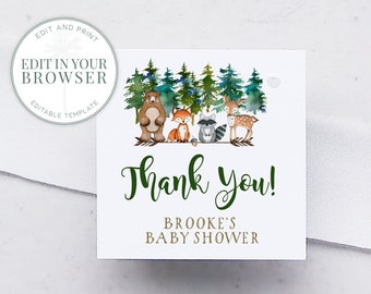 Woodland Adventure Favor Tag, Thank you tags, instant download editable template, Mountain Baby Shower, Templett