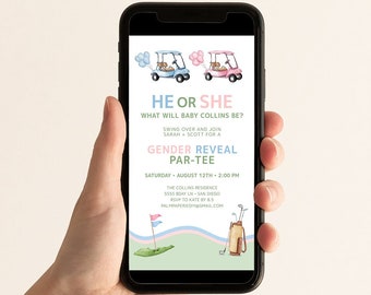 Golf Gender Reveal Text Invitation, Electronic Message Invite, Golfing Theme Party Partee, Phone, Digital Template, Templett gr1