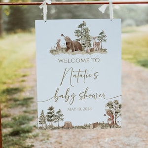 Modello di cartello di benvenuto per baby shower nel bosco, tema avventura, segnaletica digitale scaricabile, animali della foresta, stampabile, Templett