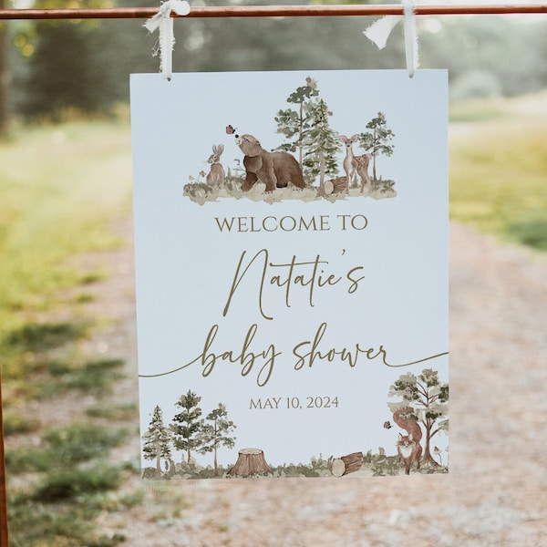 Woodland Baby Shower Welcome Sign Template, Adventure Theme, Digital Download Signage, Forest Animals, Printable, Templett