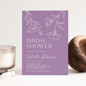 Lavender Bridal Shower Shower Invitations, Purple Invites, Digital Download Editable Template, Modern Floral, Templett