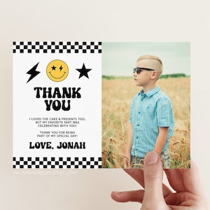 Checkered Smile Thank you card Template with Photo, Five is a Vibe, Young wild Three, Boy Birthday, Editable, Printable Templett v5 v3