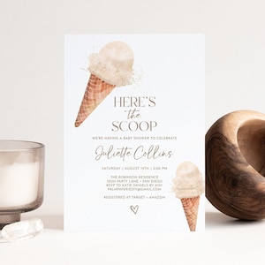 Ice cream Baby Shower Invitation, Gender Neutral Invites, Heres the Scoop, Editable Template, Digital Download, Ice Cream Party, Templett