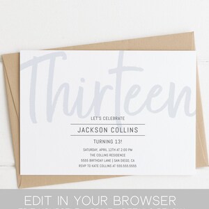 13th Birthday Invitation, Boy, Simple, Instant Download template, Thirteenth birthday invite, Teen, girl, EDITABLE TEMPLETT