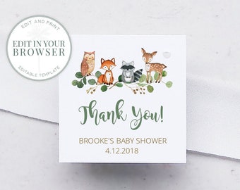 Woodland Favor Tags, Editable, Greenery Boy Baby Shower, Gender Neutral, INSTANT DOWNLOAD, templett