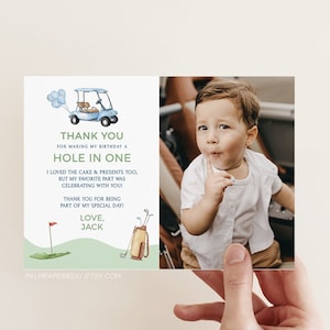 Golf 1st Birthday Thank you card Template with Photo, Hole in One, Golfing Theme, Editable, Printable Templett H1