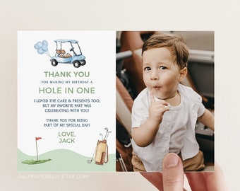 Golf 1e verjaardag Bedankkaartsjabloon met foto, hole-in-one, golfthema, bewerkbaar, afdrukbare Templett H1