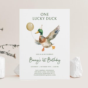 Duck 1st Birthday Invitation, One Lucky Duck, Mallard Bday Invite, Editable Template